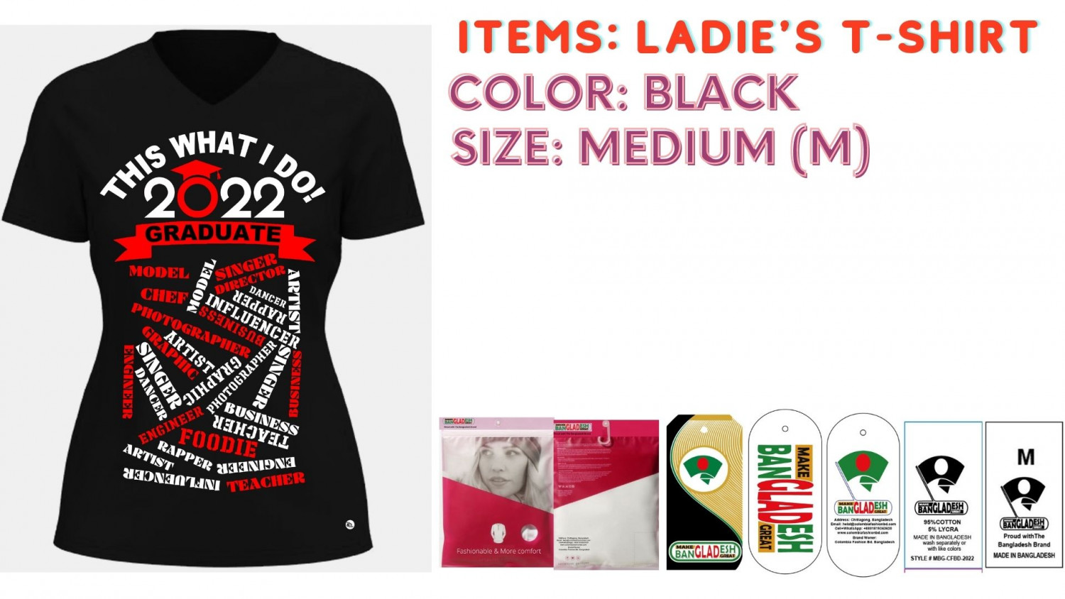 Ladies T-shirt Color Black Size Medium (M)