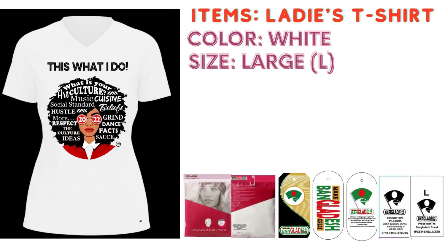 Ladies T-shirt Color White  Size Large (L)