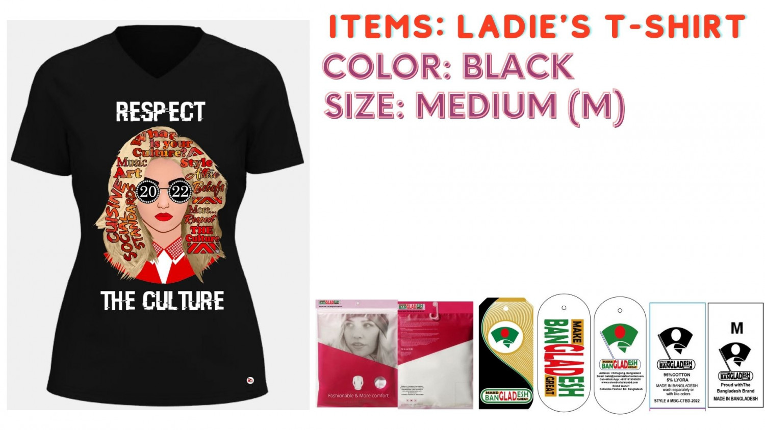 Ladies T-shirt Color Black Size Medium (M)